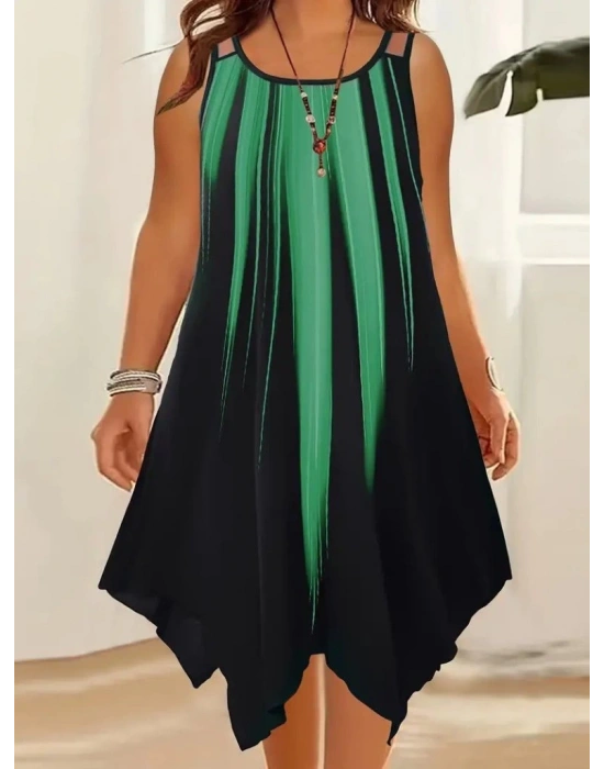 Kadın Askılı Yuvarlak Yaka Asimetrik Detaylı Desenli Süprem Elbise