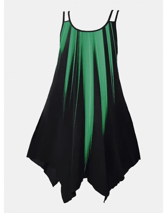 Kadın Askılı Yuvarlak Yaka Asimetrik Detaylı Desenli Süprem Elbise