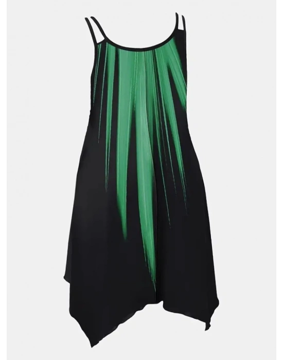 Kadın Askılı Yuvarlak Yaka Asimetrik Detaylı Desenli Süprem Elbise