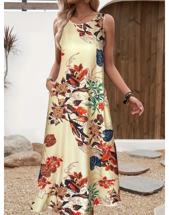 Kadın Askılı Yuvarlak Yaka Cepli Desenli Süprem Elbise