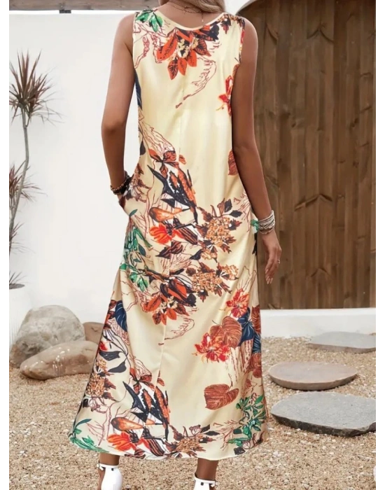 Kadın Askılı Yuvarlak Yaka Cepli Desenli Süprem Elbise