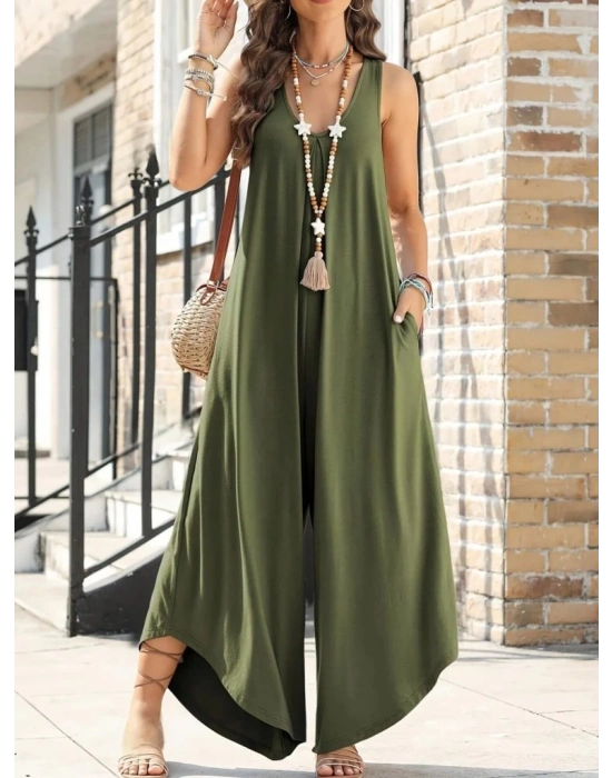 Kadın Askılı Yuvarlak Yaka Cepli Salaş Uzun Viskon Tulum