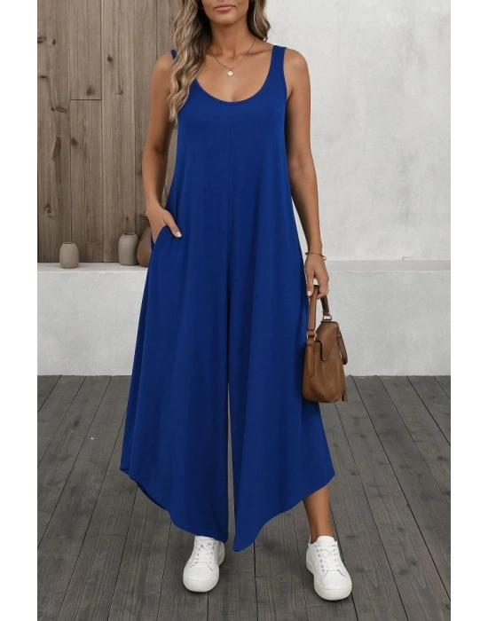 Kadın Askılı Yuvarlak Yaka Cepli Salaş Uzun Viskon Tulum