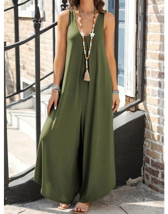 Kadın Askılı Yuvarlak Yaka Cepli Salaş Uzun Viskon Tulum