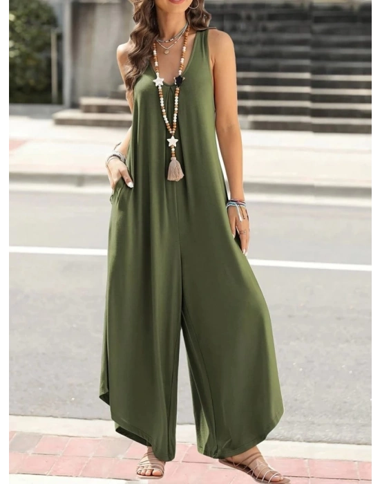 Kadın Askılı Yuvarlak Yaka Cepli Salaş Uzun Viskon Tulum