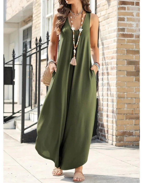 Kadın Askılı Yuvarlak Yaka Cepli Salaş Uzun Viskon Tulum