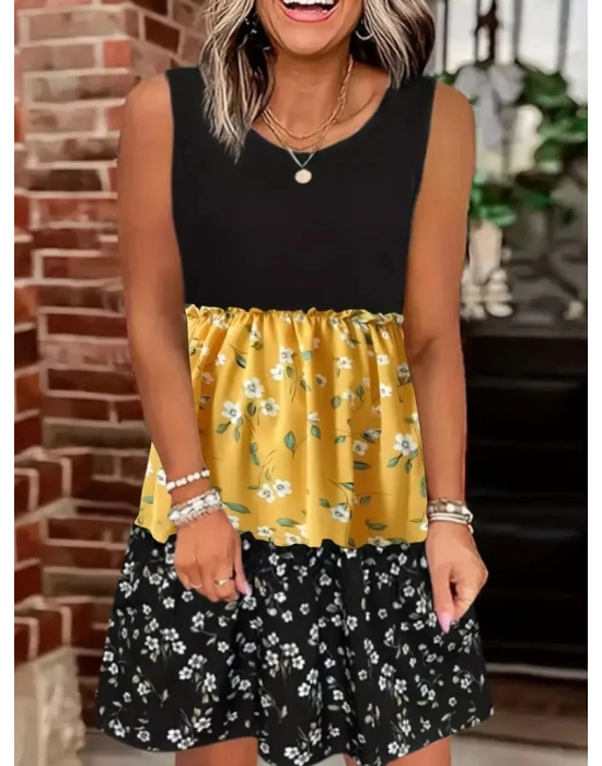 Kadın Askılı Yuvarlak Yaka çiçek Baskılı Salaş Süprem Elbise