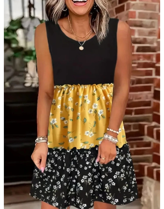 Kadın Askılı Yuvarlak Yaka çiçek Baskılı Salaş Süprem Elbise