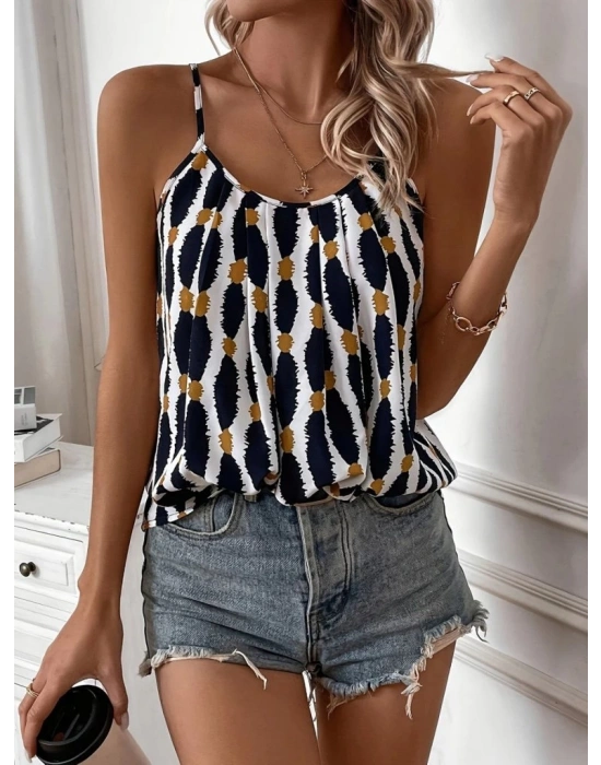 Kadın Askılı Yuvarlak Yaka Desenli Süprem Bluz