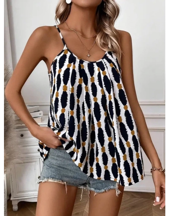 Kadın Askılı Yuvarlak Yaka Desenli Süprem Bluz