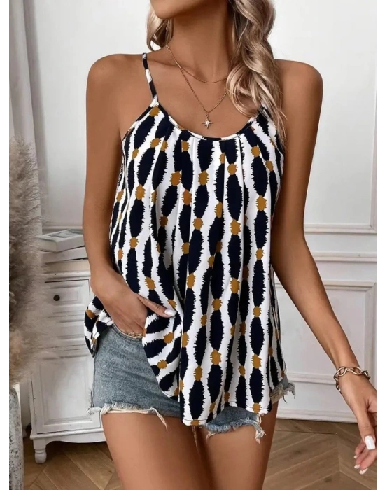 Kadın Askılı Yuvarlak Yaka Desenli Süprem Bluz