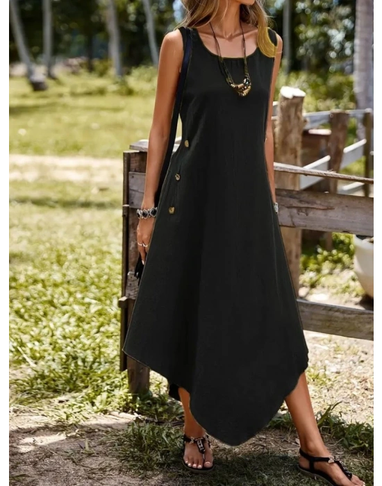 Kadın Askılı Yuvarlak Yaka Düğmeli Asimetrik Kesim Detaylı Ithal Keten Elbise