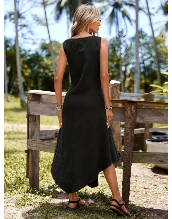 Kadın Askılı Yuvarlak Yaka Düğmeli Asimetrik Kesim Detaylı Ithal Keten Elbise