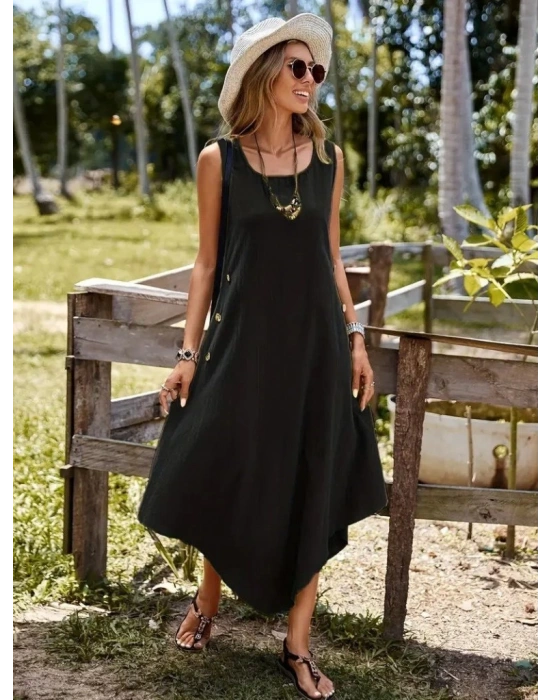 Kadın Askılı Yuvarlak Yaka Düğmeli Asimetrik Kesim Detaylı Ithal Keten Elbise