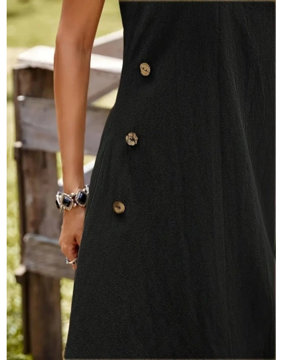 Kadın Askılı Yuvarlak Yaka Düğmeli Asimetrik Kesim Detaylı Ithal Keten Elbise