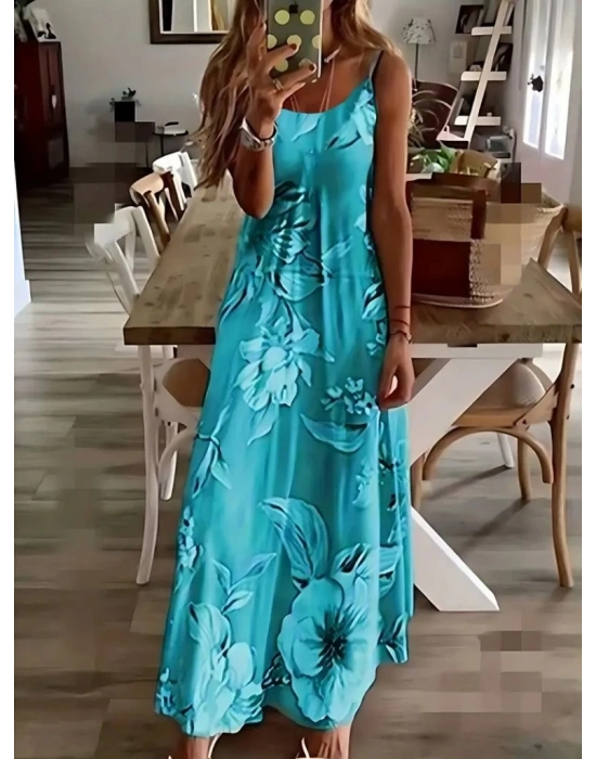 Kadın Askılı Yuvarlak Yaka Etek Geniş Kesim Desenli Süprem Elbise