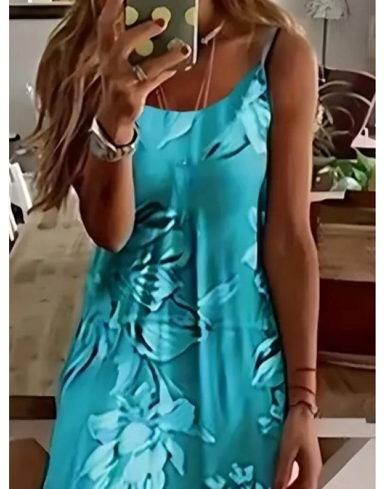 Kadın Askılı Yuvarlak Yaka Etek Geniş Kesim Desenli Süprem Elbise