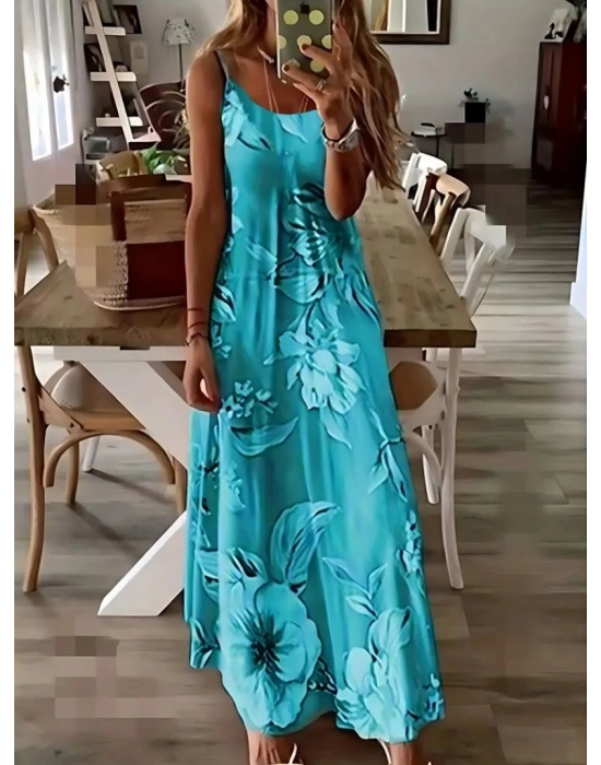 Kadın Askılı Yuvarlak Yaka Etek Geniş Kesim Desenli Süprem Elbise