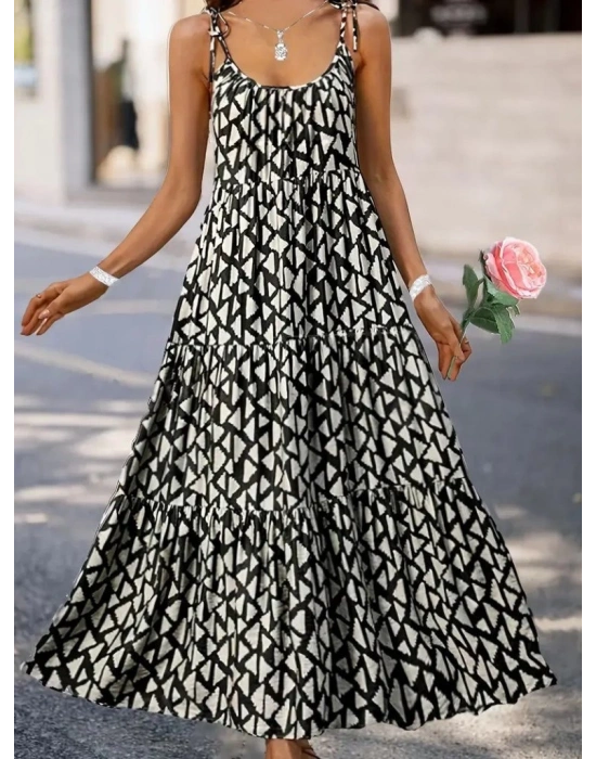 Kadın Askılı Yuvarlak Yaka Fırfırlı Desenli Uzun Bürümcük Elbise