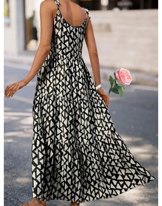 Kadın Askılı Yuvarlak Yaka Fırfırlı Desenli Uzun Bürümcük Elbise