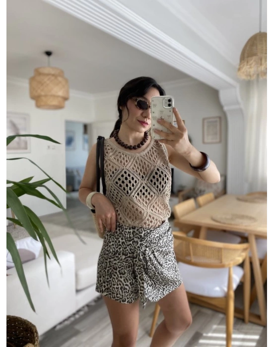 Kadın Askılı Yuvarlak Yaka Geometrik Desenli Triko Bluz