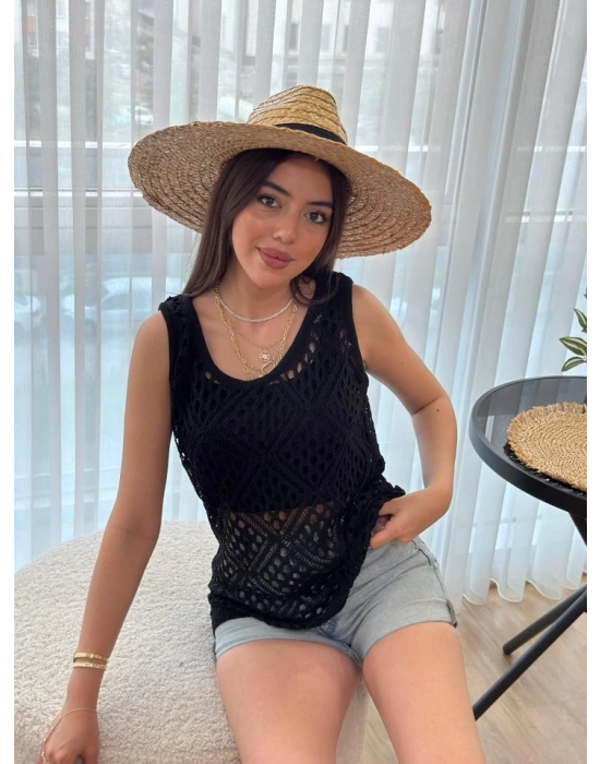 Kadın Askılı Yuvarlak Yaka Geometrik Desenli Triko Bluz