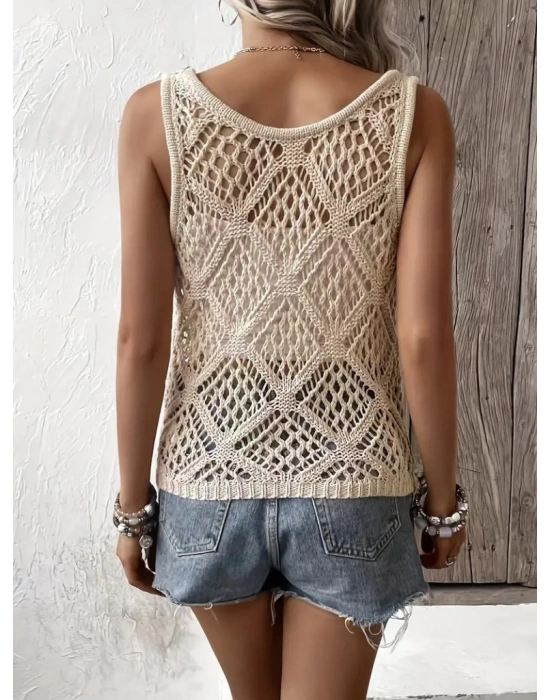 Kadın Askılı Yuvarlak Yaka Geometrik Desenli Triko Bluz