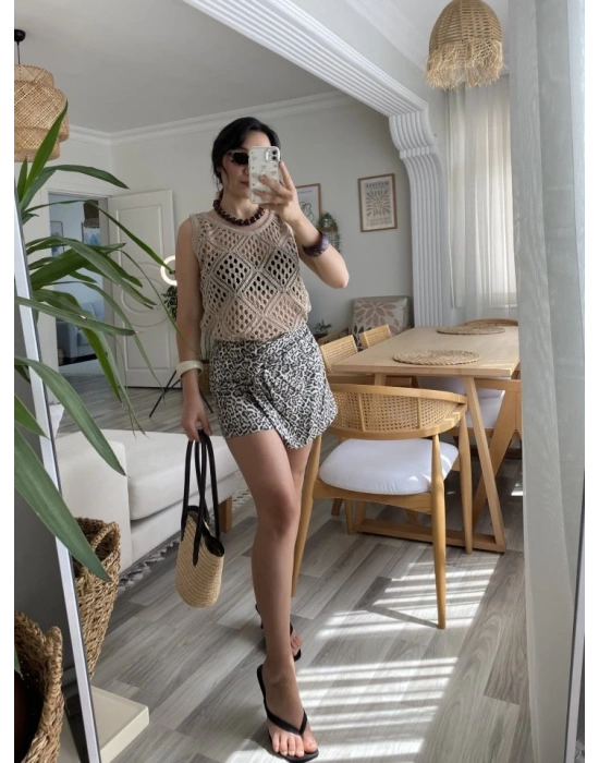 Kadın Askılı Yuvarlak Yaka Geometrik Desenli Triko Bluz