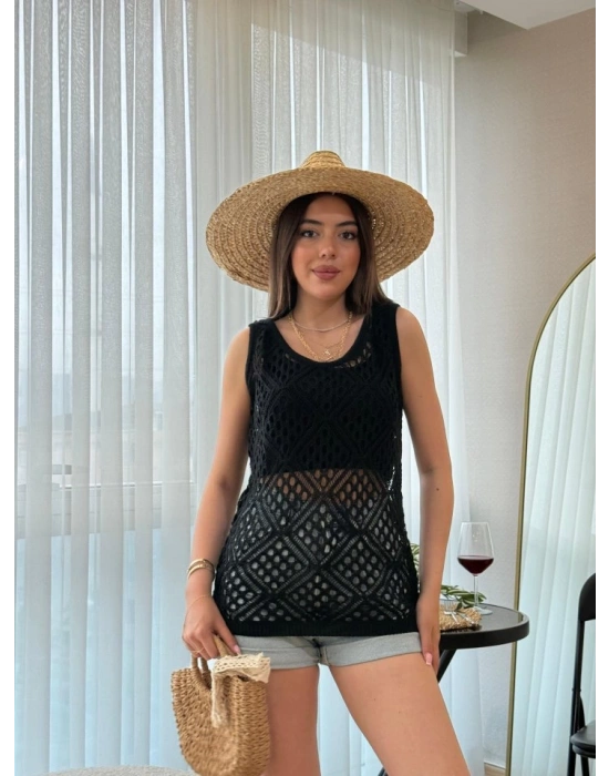 Kadın Askılı Yuvarlak Yaka Geometrik Desenli Triko Bluz