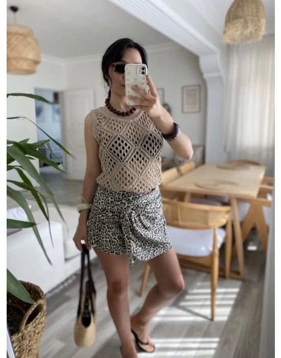 Kadın Askılı Yuvarlak Yaka Geometrik Desenli Triko Bluz