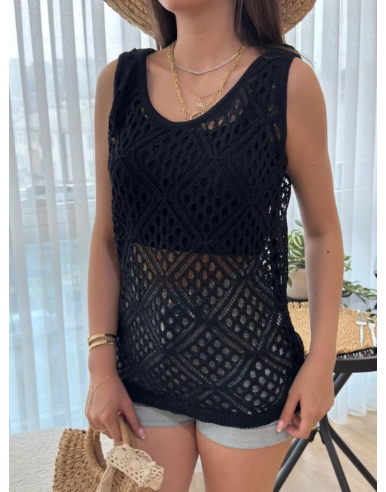 Kadın Askılı Yuvarlak Yaka Geometrik Desenli Triko Bluz