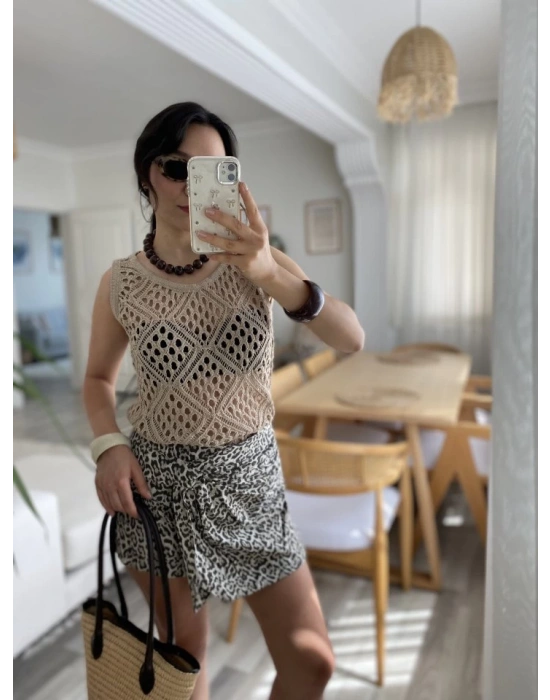 Kadın Askılı Yuvarlak Yaka Geometrik Desenli Triko Bluz