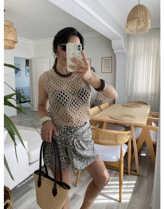 Kadın Askılı Yuvarlak Yaka Geometrik Desenli Triko Bluz