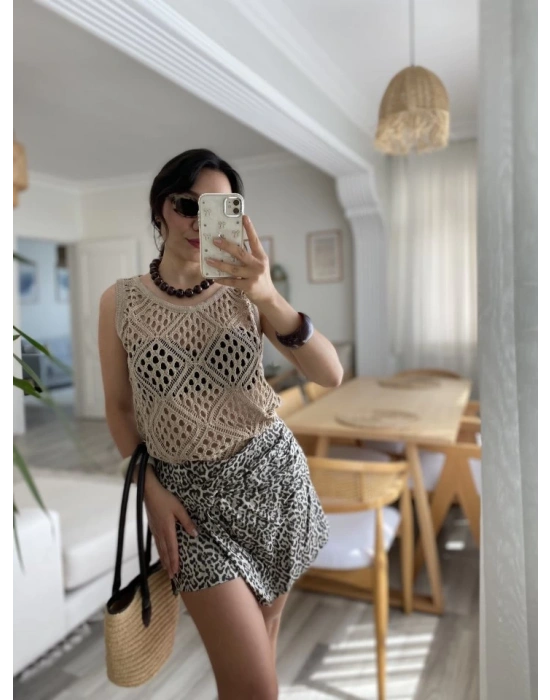 Kadın Askılı Yuvarlak Yaka Geometrik Desenli Triko Bluz