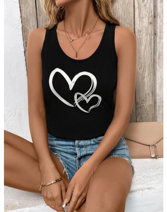 Kadın Askılı Yuvarlak Yaka Kalp Baskılı Viskon Bluz