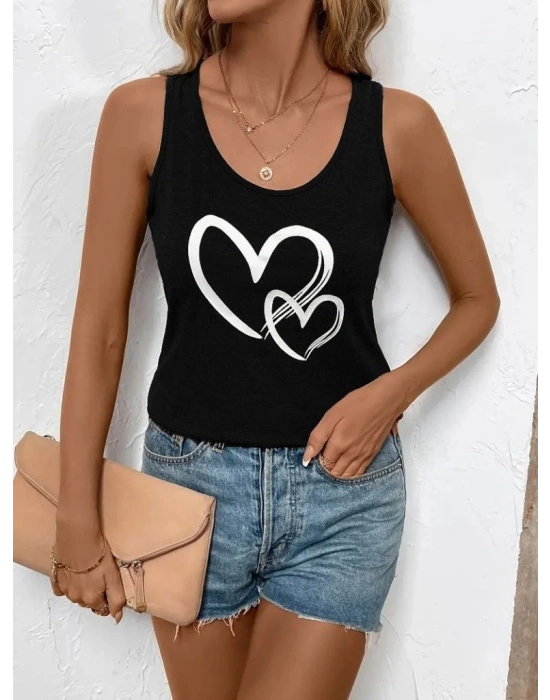 Kadın Askılı Yuvarlak Yaka Kalp Baskılı Viskon Bluz