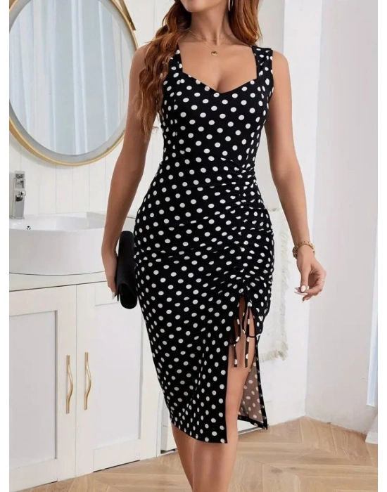 Kadın Askılı Yuvarlak Yaka Kalp Yaka Yandan Büzgülü Yırtmaç Detaylı Puantiyeli örme Krep Elbise