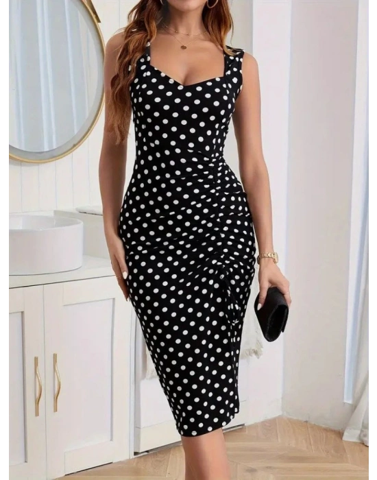 Kadın Askılı Yuvarlak Yaka Kalp Yaka Yandan Büzgülü Yırtmaç Detaylı Puantiyeli örme Krep Elbise