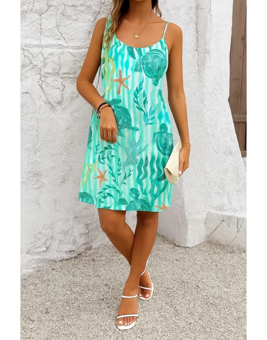 Kadın Askılı Yuvarlak Yaka Kaplumbağa Desenli Süprem Elbise