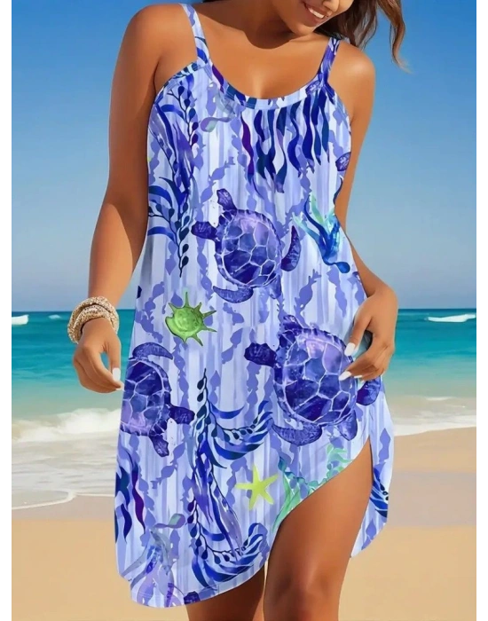 Kadın Askılı Yuvarlak Yaka Kaplumbağa Desenli Süprem Elbise