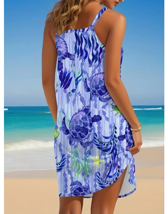 Kadın Askılı Yuvarlak Yaka Kaplumbağa Desenli Süprem Elbise