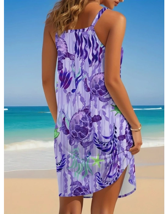 Kadın Askılı Yuvarlak Yaka Kaplumbağa Desenli Süprem Elbise