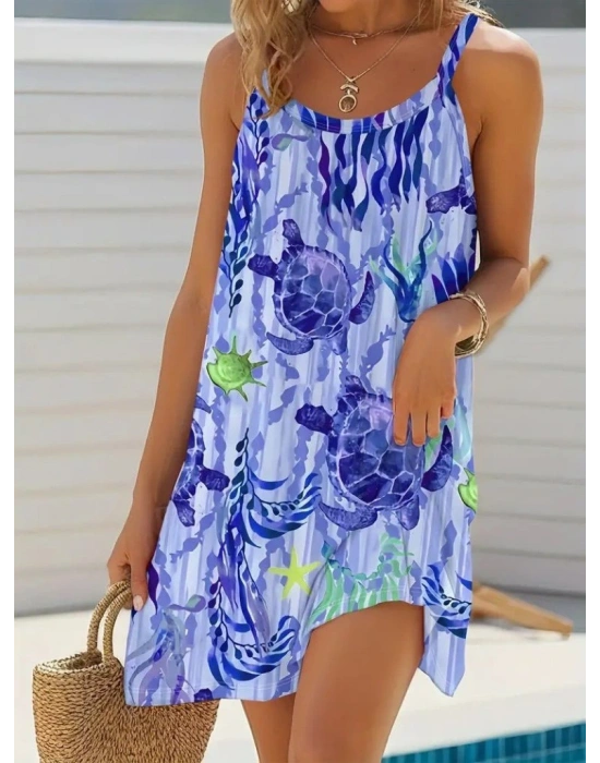 Kadın Askılı Yuvarlak Yaka Kaplumbağa Desenli Süprem Elbise