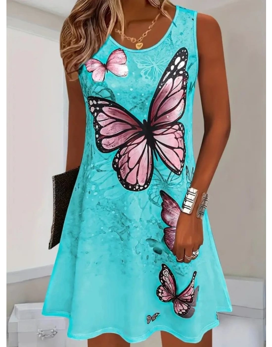 Kadın Askılı Yuvarlak Yaka Kelebek Desenli Süprem Elbise