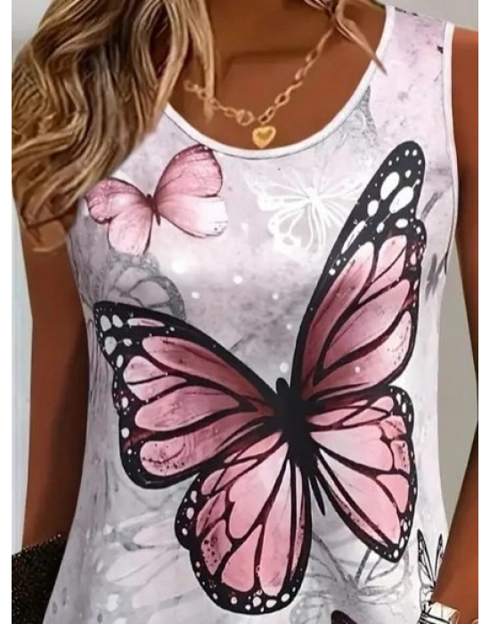 Kadın Askılı Yuvarlak Yaka Kelebek Desenli Süprem Elbise