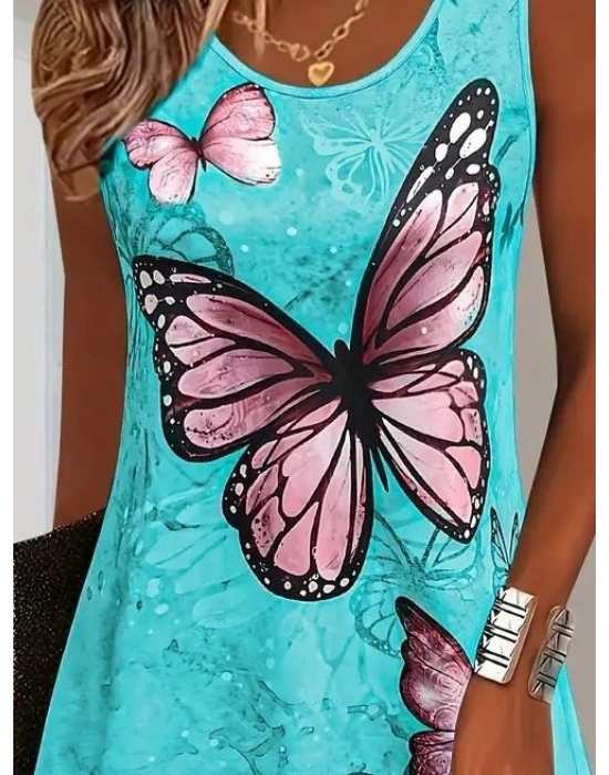 Kadın Askılı Yuvarlak Yaka Kelebek Desenli Süprem Elbise