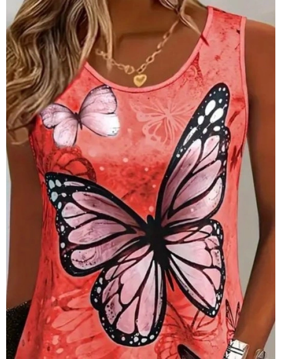 Kadın Askılı Yuvarlak Yaka Kelebek Desenli Süprem Elbise