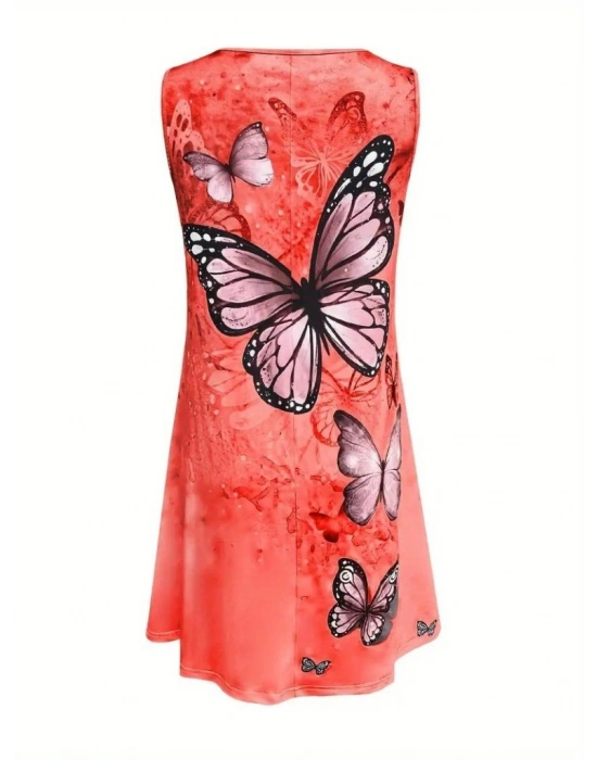 Kadın Askılı Yuvarlak Yaka Kelebek Desenli Süprem Elbise