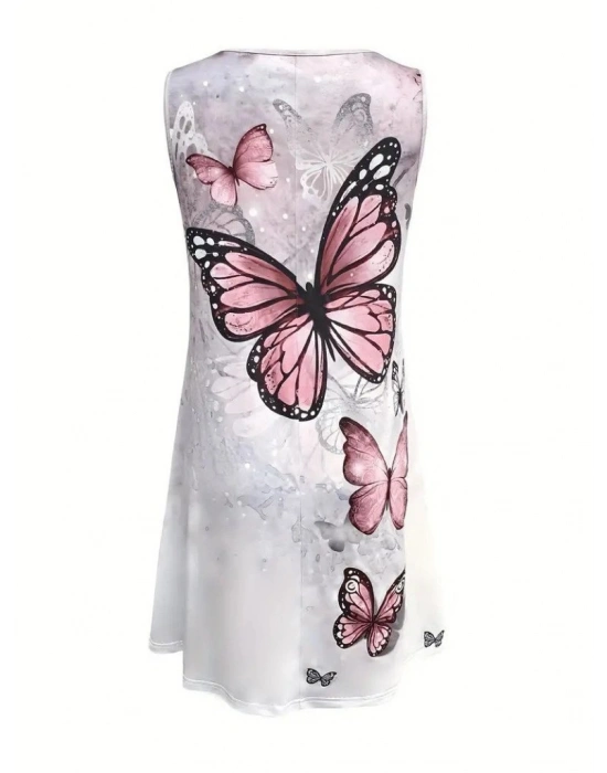 Kadın Askılı Yuvarlak Yaka Kelebek Desenli Süprem Elbise