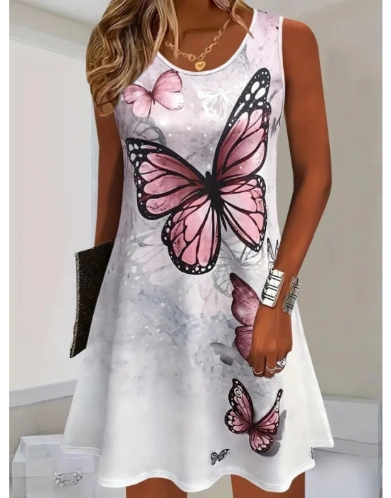 Kadın Askılı Yuvarlak Yaka Kelebek Desenli Süprem Elbise